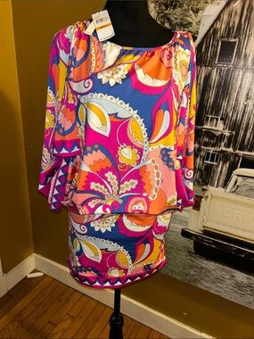 NWT Trina TurkVibrant Paisley Shift Dress - Pink, Blue & Orange